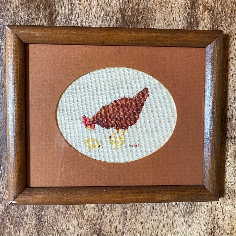 2 Vintage Handmade Cross Stitch Rooster & Chicken Wood Frame Cottagecore 11”x9” - Picture 3 of 10